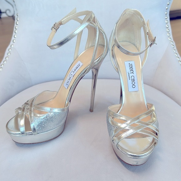 Jimmy Choo Laurita metallic glitter platform sandals, silver, size 38 - Picture 3 of 10